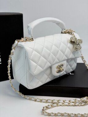 Chanel Mini Flap with Handle, White Quilted Leather, Gold CC, Crossbody Bag